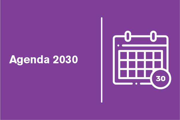 Banner cor de cor roxa com contorno em desenho de um calendário escrita em branco agenda 2030